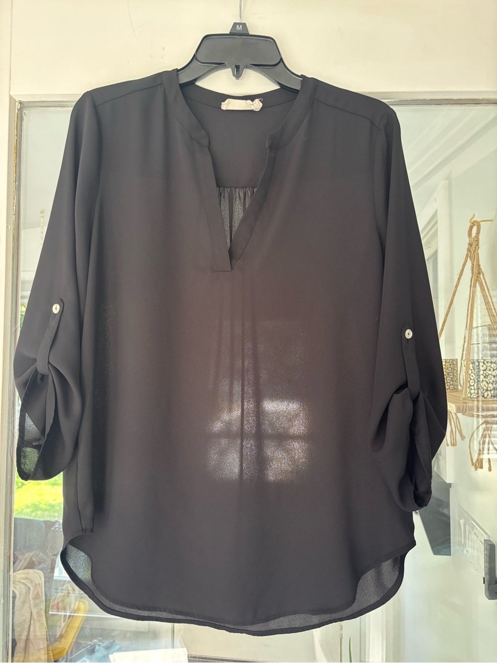 everleigh Black V-Neck Roll-Tab Sheer Blouse